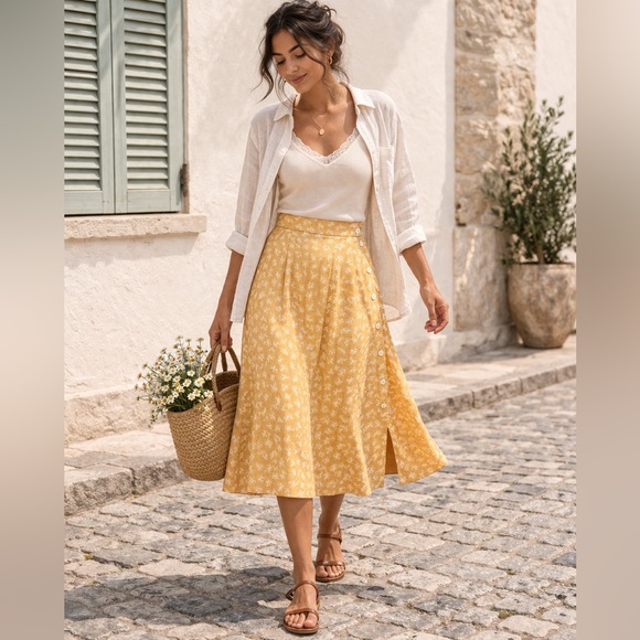 April Cornell Dresses & Skirts - Vintage April Cornell Yellow Midi Skirt Floral Size S Boho Cottagecore Boho Chic